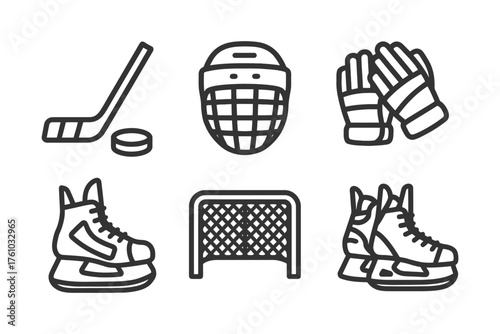 Hockey gear and equipment. The hockey stick is in the foreground, and the hockey puck is in the background. Vector. 