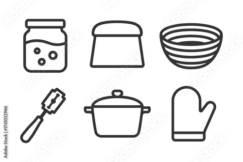 A set of kitchen utensils and cookware. The utensils include a spatula, a whisk, and a spoon. The cookware includes a pot, a bowl, and a jar. Vector. 