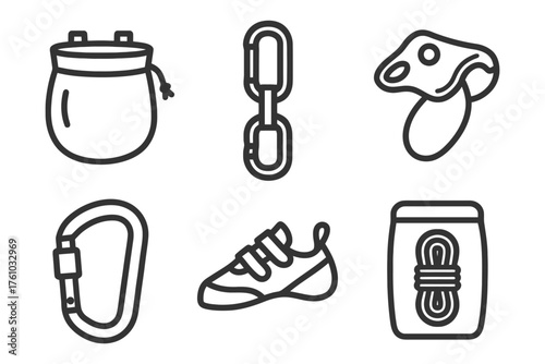 A collection of sports equipment and accessories, including a backpack, a rope, a harness, a pair of shoes, and a ball. Vector. 