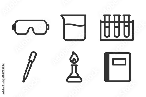 A set of science symbols including a beaker, a test tube, a book, a pair of safety goggles, and a Bunsen burner. Vector. 