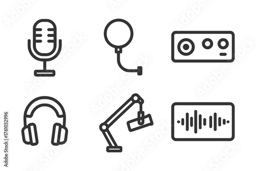 A set of icons for audio recording equipment. The icons include a microphone, a mixer, a sound recorder, and a sound meter. Vector. 