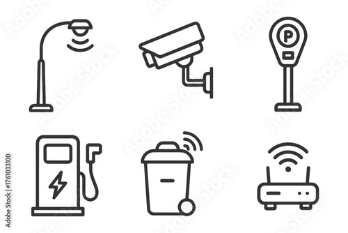 A series of icons for various electronic devices and services. The icons include a gas pump, a trash can, a parking meter, a camera. Vector. 