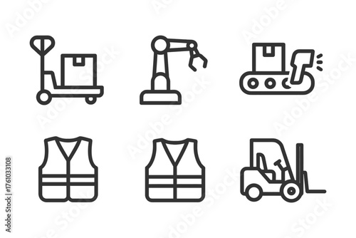 A series of black and white icons of various construction and industrial equipment. The icons include a forklift, a crane, a conveyor belt. Vector. 