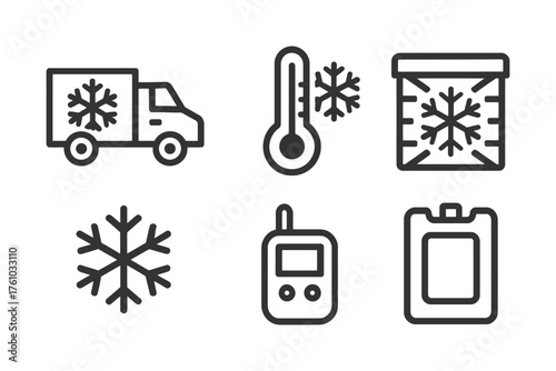 A collection of icons representing various cold weather items. These icons include a truck, a thermometer, and a box. Vector. 