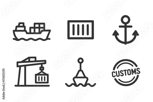 The image is a collection of six different icons, all of which are related to the concept of customs. The icons include a boat, a ship. Vector. 