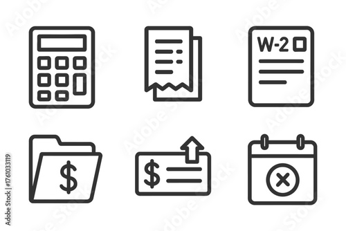 A set of six icons for financial documents, including a check, a calendar, and a calculator. Vector. 