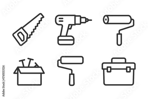 A set of tools for home improvement. The tools include a hammer, a screwdriver, a saw, a drill, a box, a paint roller, and a paint tray. Vector. 