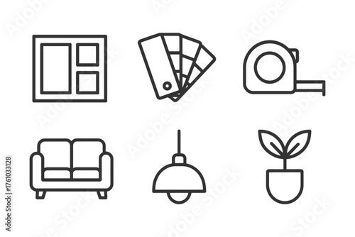 A set of icons for home decorating and remodeling. The icons include a couch, a lamp, a plant, a tape measure, a window, and a paint swatch. Vector. 