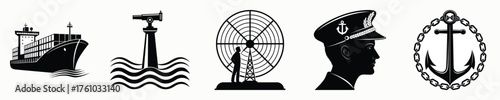 Maritime nautical icons symbols ship lighthouse globe anchor profile