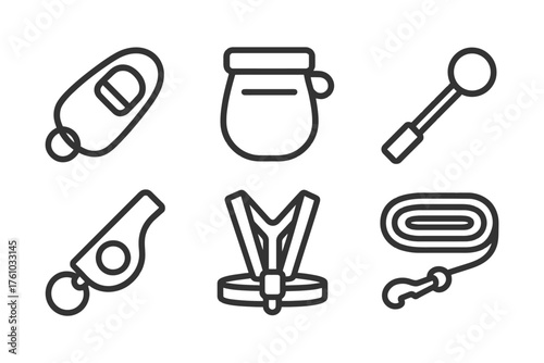 A set of six items that are related to sports and outdoor activities. The items include a whistle, a bag, a leash, a harness, a rope. Vector. 