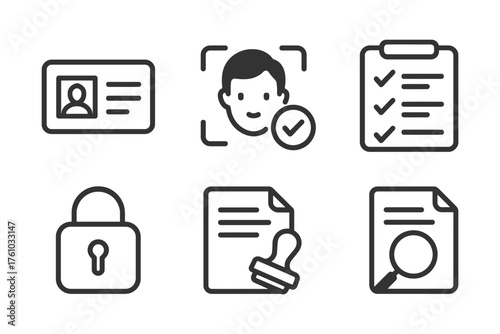 A set of icons for a computer program. The icons include a key, a person, a check mark, a magnifying glass, a clipboard, and a lock. Vector. 