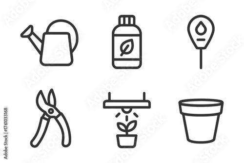 A set of gardening tools and supplies. The tools include a pair of scissors, a watering can, and a bottle. The supplies include a plant pot. Vector. 