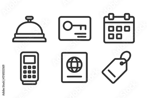 A collection of icons for various travel-related items, including a hotel room, a key, a credit card, a passport, a hotel bell, and a calend. Vector. 