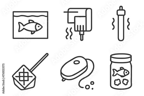 A set of six icons that represent various items related to fish and aquariums. The icons include a fish, a fish tank, a net, a brush. Vector. 
