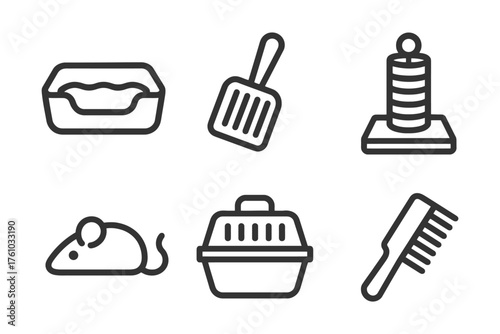 A set of six black and white icons for pet supplies. The icons include a cat toy, a cat brush, a cat bed, a cat carrier. Vector. 