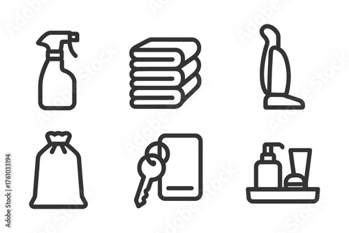 A set of six icons for cleaning supplies and personal items. The icons include a bottle of cleaner, a bottle of lotion, a bottle of shampoo. Vector. 