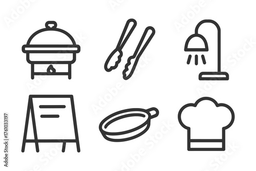 A set of kitchen utensils and a chef's hat. The utensils include tongs, a spatula, and a ladle. Vector. 