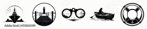 Vintage travel icons collection silhouette set