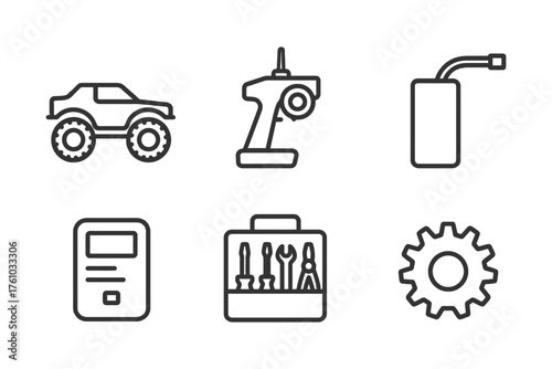 A set of six icons for tools and equipment. The icons include a wrench, a toolbox, a car, a remote control, a gas can, and a gear. Vector. 