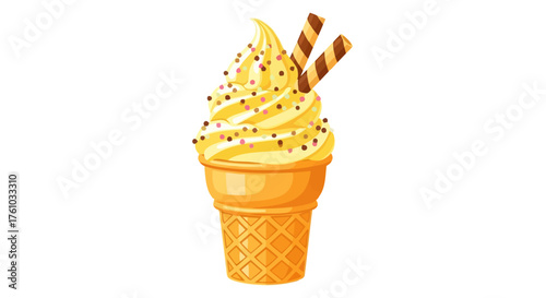 ice cream cone. Delicious ice cream cone isolated on white background a swirl of yellow soft serve, topped with chocolate sprinkles and wafer sticks, a sweet treat for a hot summer day