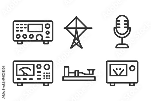 A set of icons for electronics and audio equipment. The icons include a microphone, a radio, a kite, and a remote control. Vector. 
