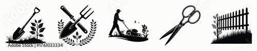 Gardening tools and plants icon set for outdoor activity and horticulture