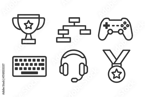 A set of icons for video games and sports, including a keyboard, a controller, and a trophy. Vector. 