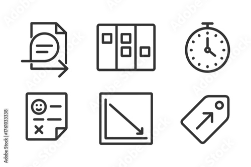 A set of icons for a computer program. The icons include a clock, a smiley face, a question mark, an arrow, a down arrow, and a tag. Vector. 