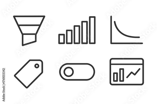 A collection of icons for a website, including a funnel, a graph, and a checkbox. These icons are arranged in a grid. Vector. 