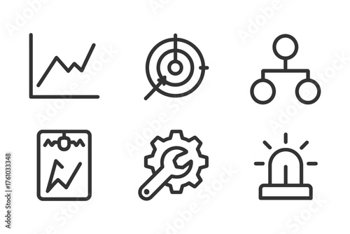 A set of icons for a computer program. The icons include a wrench, a stop sign, a light, a clock, a graph, and a map. Vector. 