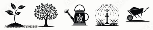 Gardening icons set seedling tree watering can greenhouse wheelbarrow