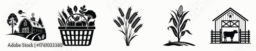 Farm harvest barn and crops icons agricultural set