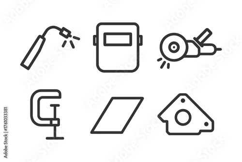 A set of six black and white icons for tools and equipment. The icons include a wrench, a hammer, a saw, a drill, a screwdriver. Vector. 