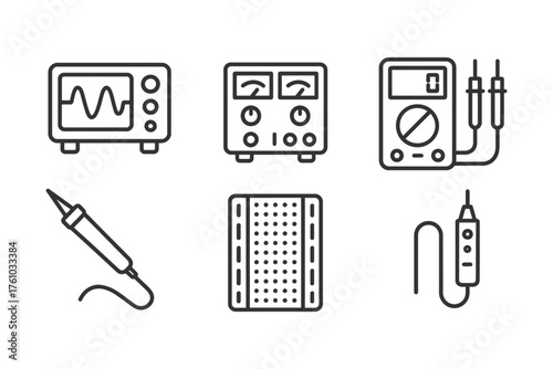 A set of tools and equipment for measuring and testing. The tools include a multimeter, a voltmeter, and a digital oscilloscope. Vector. 