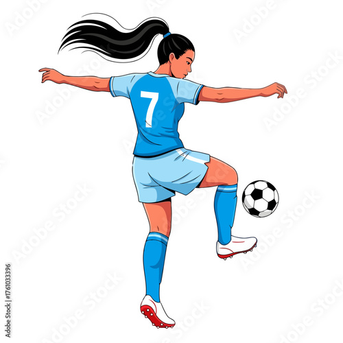 A soccer player kicking a ball. Female soccer player in blue uniform juggling a soccer ball isolated on white background, showcasing skill and athleticism in a dynamic pose