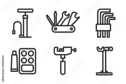 A set of tools and a pump are shown in a black and white drawing. The tools include a wrench, a screwdriver, and a pair of pliers. Vector. 