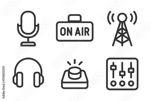 A set of icons for radio and audio equipment. The icons include a microphone, a radio, a radio station, a radio receiver. Vector. 