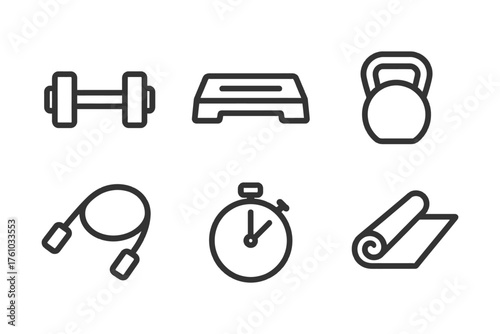 A set of fitness icons including a dumbbell, a kettlebell, a jump rope, a yoga mat, a fitness ball, and a timer. Vector. 
