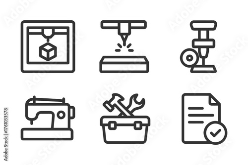 A set of six icons for sewing, crafting, and other related activities. The icons include a sewing machine, a hammer, a box, a paper. Vector. 