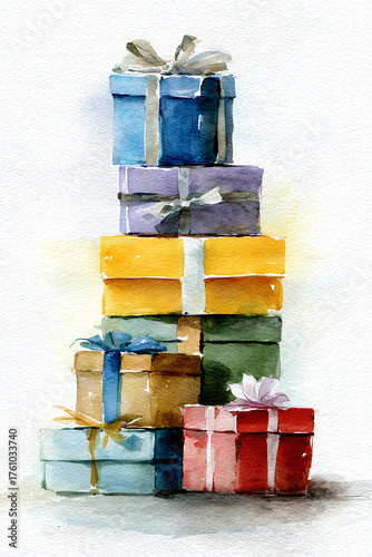 stack of colorful gift boxes, watercolor illustration