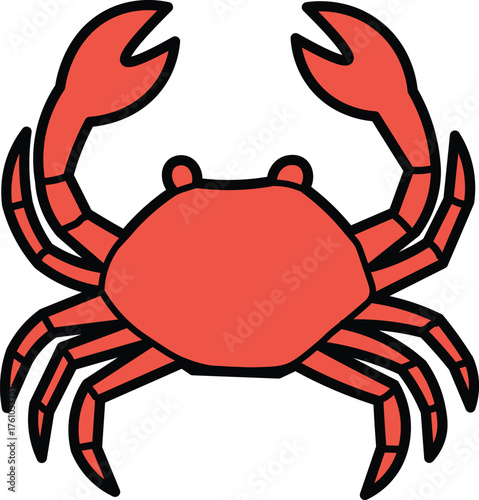 Vibrant red crab illustration with bold black outlines, perfect for nautical themes, seafood menus, and children's designs, bringing a playful touch