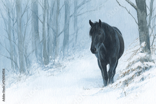 watercolor illustration of a gorgeous wild horse walking through the snowy winter forest, minimalistic style, copy space