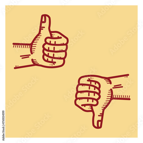 Vector illustration  hand gestures showing thumbs up and thumbs down. Designed in a vintage, hand-drawn line art style with bold outlines