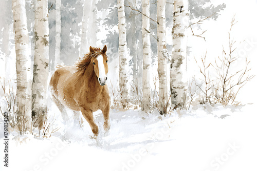watercolor illustration of a gorgeous wild horse galloping through the snowy winter forest, minimalistic style, copy space