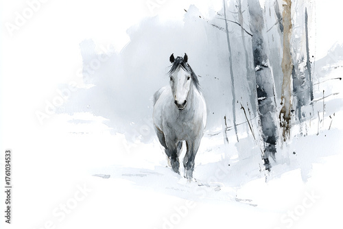 watercolor illustration of a gorgeous wild horse galloping through the snowy winter forest, minimalistic style, copy space