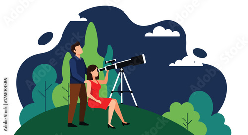 A romantic flat style vector of couple stargazing through telescope on hill under starry sky, peaceful night outdoor love scene