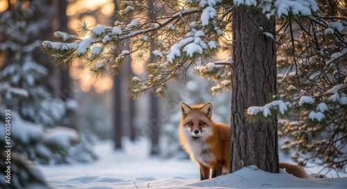 Fototapeta Naklejka Na Ścianę i Meble -  Red fox hiding behind a tree trunk in snowy winter forest isolated PNG with Transparent Background