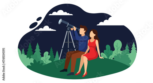 A romantic flat style vector of couple stargazing through telescope on hill under starry sky, peaceful night outdoor love scene