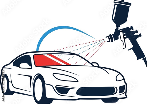 Professional car painting service spray gun applying new color to sports vehicle flat design vector illustration isolated on transparent background