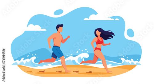 A flat vector of joyful couple running hand in hand along beach shoreline, romantic and active outdoor lifestyle